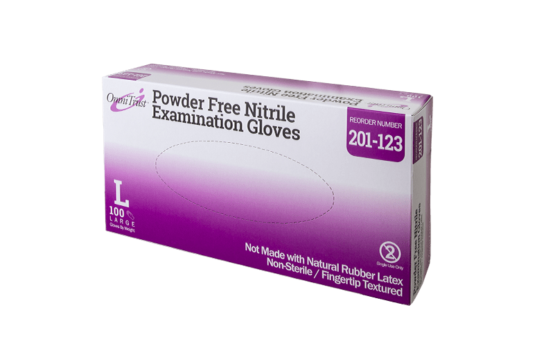 Gloves Exam OmniTrust® Large NonSterile Nitrile Standard Cuff Length Textured Fingertips Blue Not Chemo Approved (100/BX 10BX/CS) by Omni International LLC  ID 201-123